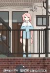  1girl artist_name blue_eyes brick_wall expressionless flat_gaze grass long_hair original pink_hair railing sleeves_past_wrists solo stairs tugeneko twintails 