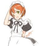  1girl brown_hair earrings green_eyes headdress hoshizora_rin jewelry looking_at_viewer love_live!_school_idol_project maid maid_headdress ooyari_ashito short_hair simple_background sketch smile solo white_background 