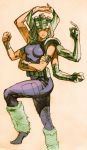  1girl bandages belt belt_pouch bengus bodysuit bracer breasts capcom crossed_arms extra_arms helmet highres horned_helmet leg_warmers long_hair marvel marvel_vs._capcom marvel_vs._capcom_2 multiple_arms no_pupils official_art silver_hair solo spiral_(marvel) standing_on_one_leg x-men 