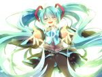  1girl ahoge aka_tonbo_(lililil) aqua_eyes aqua_hair bowtie detached_sleeves hatsune_miku long_hair musical_note open_mouth outstretched_arms pantyhose skirt solo twintails very_long_hair vocaloid 