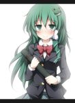  1girl blazer blush breasts diploma frog_hair_ornament green_eyes green_hair hair_ornament kochiya_sanae long_hair school_uniform skirt smile snake_hair_ornament solo taku10 tears touhou 