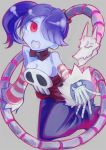  1girl akai_kagerou_(artist) bare_shoulders blue_hair blue_skin breasts cleavage detached_collar detached_sleeves hair_over_one_eye leviathan_(skullgirls) long_hair long_skirt open_mouth red_eyes side_ponytail skirt skull skullgirls solo squigly_(skullgirls) stitched_mouth striped_sleeves zombie 