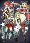  4girls :q arm_up belt blonde_hair blue_eyes boots bowtie cul drum drum_set drumsticks electric_guitar glasses_on_head green_eyes green_hair guitar gumi hair_ornament hair_ribbon hairclip hatsune_miku headset highres ichinose_yukino instrument kagamine_rin long_hair microphone multiple_girls necktie open_mouth outstretched_arm pantyhose ponytail red_eyes redhead ribbon short_hair simple_background skirt star star-shaped_glasses striped striped_legwear thigh-highs tongue twintails v vertical-striped_legwear vertical_stripes very_long_hair vest vocaloid 