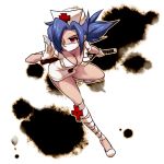  1girl bandages blue_hair breasts choker cleavage eyepatch gloves hair_over_one_eye hat large_breasts mask minidress name_tag nurse nurse_cap ponytail red_cross red_eyes running saw shimomoto skullgirls solo surgical_mask valentine_(skullgirls) weapon white_gloves 