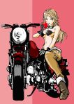  1girl apple bikini_top blonde_hair breasts eva_(mgs) food fruit gloves goggles goggles_around_neck kafe_(bonbonrocks) metal_gear_solid metal_gear_solid_3 motor_vehicle motorcycle pants solo under_boob vehicle 