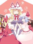  3girls bat_wings blonde_hair blue_hair blush bow breasts closed_eyes commentary_request dress elbow_gloves flandre_scarlet gloves hair_bow hammer_(sunset_beach) hat hat_ribbon large_breasts long_hair multiple_girls musical_note red_eyes remilia_scarlet ribbon short_hair siblings side_ponytail sisters smile touhou white_gloves wings yakumo_yukari 