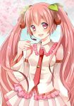  1girl cherry cherry_blossoms detached_sleeves food fruit hatsune_miku headset long_hair necktie open_mouth pink_eyes pink_hair shisoten-chan skirt solo twintails very_long_hair vocaloid 
