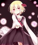  1girl ascot black_dress blonde_hair blush darkness dress dress_lift highres lights long_sleeves looking_at_viewer misa_(kaeruhitode) outstretched_arm outstretched_hand pink_eyes rumia shirt short_hair smile solo touhou 