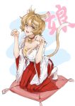  1girl animal_ears bell between_breasts blonde_hair breasts cat_ears cat_tail cleavage japanese_clothes jingle_bell miko open_mouth original solo tail yamaishi108 yellow_eyes 