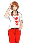  1boy brown_hair casual hanamura_yousuke hand_in_pocket headphones midnight_osll pants persona persona_4 solo t-shirt 