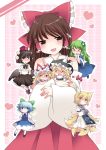  &gt;_&lt; 6+girls ^_^ animal_ears bare_shoulders black_legwear blonde_hair blue_dress blue_eyes blue_hair blush bow brown_eyes brown_hair cirno closed_eyes crossed_arms detached_sleeves dress female fox_ears fox_tail frog_hair_ornament geta green_hair hair_bow hair_ornament hair_tubes hakurei_reimu hammer_(sunset_beach) hands_in_sleeves hat heart heart_pillow kirisame_marisa kochiya_sanae long_hair mary_janes minigirl multiple_girls multiple_tails no_hat no_headwear open_mouth pillow red_eyes shameimaru_aya shoes short_hair skirt skirt_removed smile snake_hair_ornament tail tokin_hat touhou violet_eyes wings yakumo_ran 