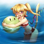  1girl animal_ears ball bare_shoulders beachball bikini blonde_hair blush collarbone dog_ears flandre_scarlet hair_bobbles hair_ornament haro kemonomimi_mode narumizg no_hat no_headwear open_mouth partially_submerged red_eyes side_ponytail solo swimsuit tail touhou water wings 