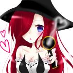  1girl :o bare_shoulders blue_eyes breasts bust cleavage collarbone gun hair_over_one_eye hat heart kinoko0120 league_of_legends long_hair redhead sarah_fortune smoke solo weapon 