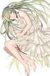  1girl barefoot dress feet green_eyes green_hair hair_ribbon hatsune_miku long_hair looking_at_viewer lying on_side open_mouth ribbon sentoiro simple_background solo twintails very_long_hair vocaloid white_background 