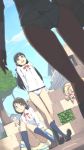  3girls akinbo_(hyouka_fuyou) ass bag bangs black_hair blunt_bangs brown_eyes brown_hair cellphone dutch_angle jpeg_artifacts kneehighs no_pants original panties phone school_uniform sitting smile stuffed_toy underwear white_panties 