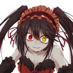  1girl breasts brown_hair cleavage collarbone date_a_live frills glowing glowing_eyes heterochromia lolita_fashion long_hair open_mouth red_eyes solo tokisaki_kurumi twintails white_background yellow_eyes yukiru_akitera 