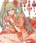  1girl bracelet flower green_eyes green_hair hair_flower hair_ornament hatsune_miku japanese_clothes jewelry long_hair necklace shivue skirt solo thigh-highs twintails vocaloid 