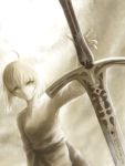  1girl ahoge calibur doll_(discs) fate/stay_night fate_(series) monochrome saber solo sword tunic weapon young 