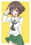  1girl akiyama_yukari brown_eyes brown_hair girls_und_panzer kyoukya_(kyouya02) open_mouth salute school_uniform serafuku short_hair uniform 