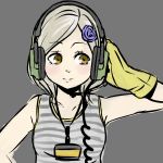  1girl bangs blush breasts brown_eyes ear_protection flower gloves hair_flower hair_ornament headset metal_gear metal_gear_rising:_revengeance name_tag parted_bangs rountain silver_hair simple_background solo striped sunny_gurlukovich tank_top teenage 