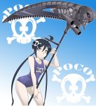  1girl ahoge black_hair flat_chest hair_ornament highres long_hair nail_polish original poco_muerte school_swimsuit scythe skull_hair_ornament solo spikewible swimsuit twintails 