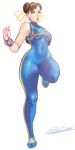  1girl alternate_costume bodysuit bracelet breasts brown_hair chinese_clothes chun-li cropped_jacket double_bun jewelry large_breasts robaato shoes short_hair skin_tight sneakers solo spiked_bracelet spikes street_fighter street_fighter_zero 