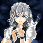 1girl :d blue_eyes bust izayoi_sakuya knife looking_at_viewer maid_headdress open_mouth puffy_short_sleeves puffy_sleeves rikkido short_hair short_sleeves silver_hair smile solo touhou watch wrist_cuffs 