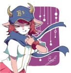  baseball_cap baseball_jersey buffalo_bell hat horns mascot nippon_professional_baseball orix_buffaloes pink_hair red_eyes scarf skirt solo 