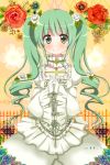  1girl aoba_mina artist_name dress flower gloves green_eyes green_hair hair_flower hair_ornament hands_clasped hatsune_miku long_hair looking_at_viewer rose smile solo twintails vocaloid 