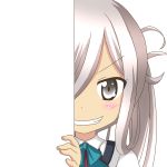  &gt;:d 1girl :d asashimo_(kantai_collection) grey_eyes grin kantai_collection long_hair looking_at_viewer nagineko open_mouth peeking_out school_uniform silver_hair simple_background smile solo transparent_background 