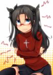  1girl annoyed black_hair blue_eyes blush bow fate/stay_night fate_(series) glasses hair_bow long_hair marimo_danshaku red-framed_glasses skirt solo tears thigh-highs tohsaka_rin toosaka_rin twintails 