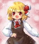  1girl ascot blonde_hair fang hair_ribbon long_sleeves looking_at_viewer open_mouth red_background red_eyes ribbon rumia short_hair skirt skirt_set solo sparkle touhou vu_(oyavon) 