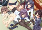  5girls absurdres bag barefoot blue_eyes blue_hair blush book brown_hair cellphone crossed_legs feet glasses highres huge_filesize kure_masahiro legs long_hair lying multiple_girls on_stomach open_mouth pantyhose phone purple_hair school_bag school_uniform serafuku short_hair sitting skirt sleeping socks_removed 