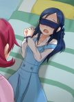  2girls aida_mana bed blindfold blue_hair bound_wrists braid dokidoki!_precure dress hishikawa_rikka looking_down lying minu multiple_girls on_back open_mouth pink_hair precure shadow you_gonna_get_raped 