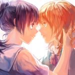  black_hair blonde_hair brown_eyes eye_contact ks_ko long_hair looking_at_another original ponytail school_uniform tears yuri 