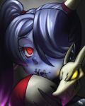  1girl blue_hair blue_skin blush face hair_over_one_eye leviathan_(skullgirls) long_hair maro_bee red_eyes side_ponytail skullgirls solo squigly_(skullgirls) stitched_mouth striped_sleeves zombie 