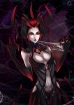  1girl breasts claws cleavage elise_(league_of_legends) gem helmet league_of_legends lips monster_girl mouth_hold navel red_eyes redhead ross6410 short_hair solo spider_girl spider_web 