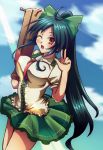  1girl ahoge arm_cannon black_hair blush bow cape clouds hair_bow long_hair open_mouth ponytail reiuji_utsuho skirt smile solo third_eye touhou very_long_hair weapon wings wink yellow_eyes 