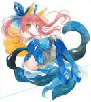  1girl animal_ears bare_shoulders blue_legwear bow caster_(fate/extra) clog_sandals detached_sleeves fate/extra fate_(series) fina_(sa47rin5) fox_ears fox_tail hair_bow hair_ribbon japanese_clothes open_mouth pink_hair ribbon smile solo tail thigh-highs traditional_media twintails watercolor_(medium) yellow_eyes 