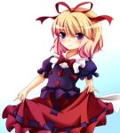  1girl blonde_hair blouse blue_eyes bow gradient gradient_background hair_ribbon looking_at_viewer medicine_melancholy puffy_short_sleeves puffy_sleeves ribbon scarlet_0915 short_hair short_sleeves simple_background skirt skirt_hold smile solo touhou 