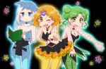  3girls bare_shoulders bishoujo_senshi_sailor_moon black_background blue_eyes blue_legwear book breasts choker cleavage double_bun green_eyes green_hair green_legwear hat kiraki mimete multiple_girls nichijou orange_eyes orange_hair pantyhose parody short_hair skirt smile star tellu viluy white_hair wink witches_5 yellow_legwear 