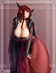  1girl breasts cape choker cleavage demon_girl dress eu03 hand_on_knee hanging_breasts highres horns huge_breasts leaning_forward lips long_hair maou_(maoyuu) maoyuu_maou_yuusha parted_lips red_eyes redhead signature sketch solo 