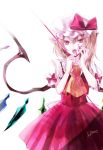  1girl ascot blonde_hair blood blood_on_face bloody_hands dress flandre_scarlet hakoremi hat hat_ribbon looking_at_viewer open_mouth pink_dress pink_eyes puffy_sleeves red_string ribbon shirt short_sleeves side_ponytail simple_background slit_pupils solo string touhou white_background wings 
