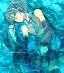  1girl 39 2013 character_name checkered checkered_floor dated detached_sleeves green_eyes green_hair hatsune_miku headset highres long_hair lying necktie partially_submerged saku_anna skirt solo thigh-highs twintails very_long_hair vocaloid 