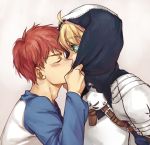  2boys ahoge armor blonde_hair chocolateonly closed_eyes clothes_grab emiya_shirou fate/prototype fate/stay_night fate_(series) green_eyes hood kiss multiple_boys raglan_sleeves redhead saber_(fate/prototype) yaoi 