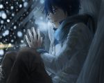  1boy bad_id blue_eyes blue_hair breath kaito night scarf sitting snowing solo vocaloid yamakawa_umi 