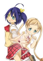  2girls bandages blonde_hair blue_eyes blue_hair chuunibyou_demo_koi_ga_shitai! dekomori_sanae foreshortening grin heterochromia long_hair multiple_girls plaid plaid_skirt school_uniform short_hair side_ponytail skirt smile takanashi_rikka tsukasa_0913 twintails 