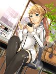  1girl :d absurdres bag black_legwear blonde_hair blue_eyes cellphone computer firecel headphones highres hoodie laptop open_mouth phone ponytail smile tagme teeth thigh-highs zettai_ryouiki 