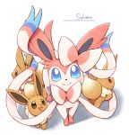  bow eevee no_humans pokemon pokemon_(creature) pokemon_(game) pokemon_xy smile sylveon wataametulip 