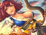  1girl arms_behind_back breasts brown_eyes bteele bust cleavage clouds dutch_angle embellished_costume hair_bobbles hair_ornament large_breasts lips no_bra onozuka_komachi redhead scythe short_hair solo touhou 